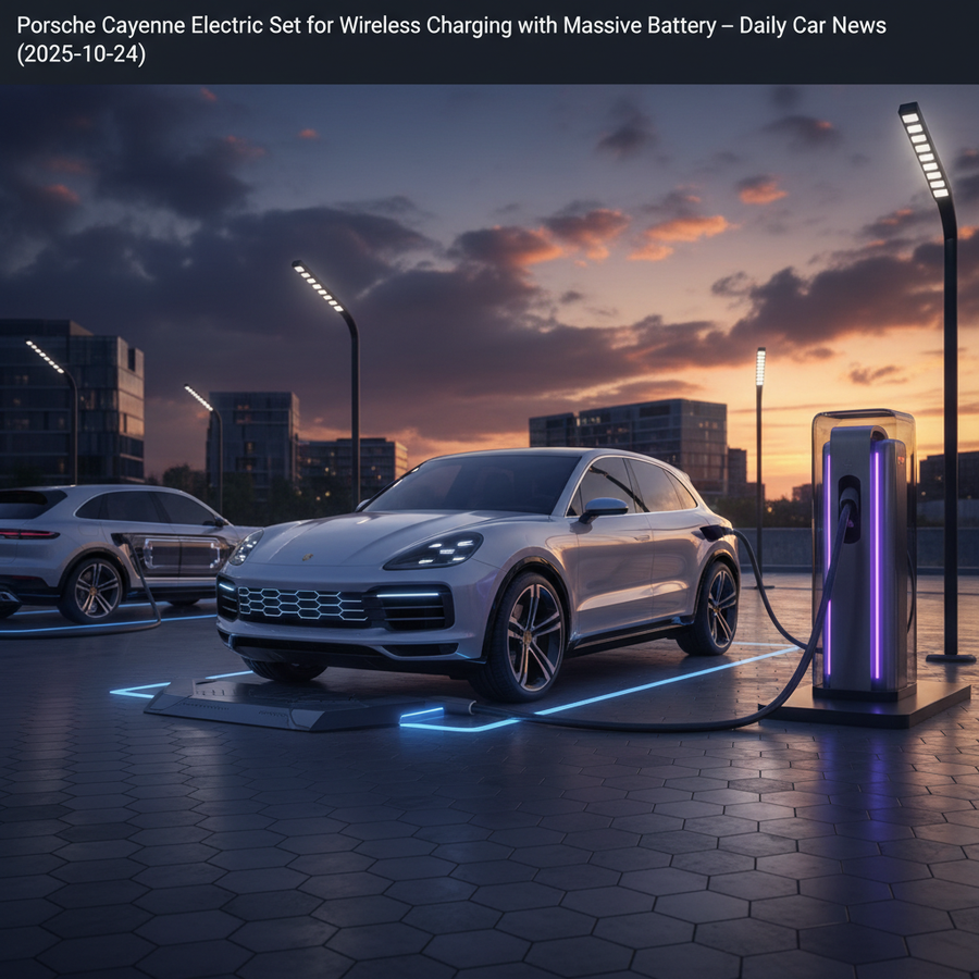 Editorial, photo-realistic HERO for an automotive daily news article titled "Porsche Cayenne Electric Set for Wireless Charging with Massive Battery –