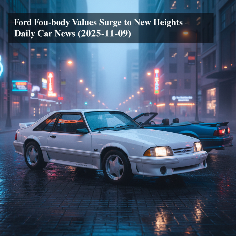 Editorial, photo-realistic HERO for an automotive daily news article titled "Ford Mustang Fox-body Values Surge to New Heights – Daily Car News (2025-