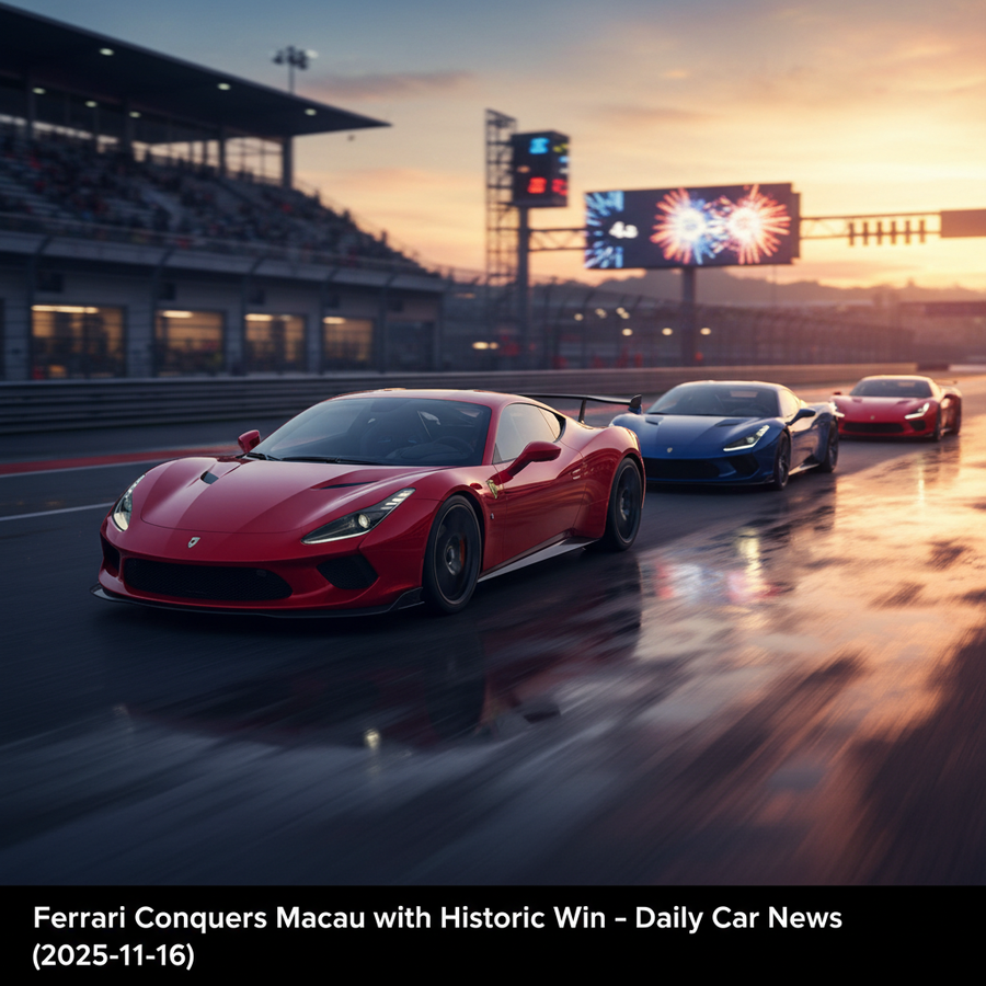 Editorial, photo-realistic HERO for an automotive daily news article titled "Ferrari Conquers Macau with Historic Win – Daily Car News (2025-11-16)".