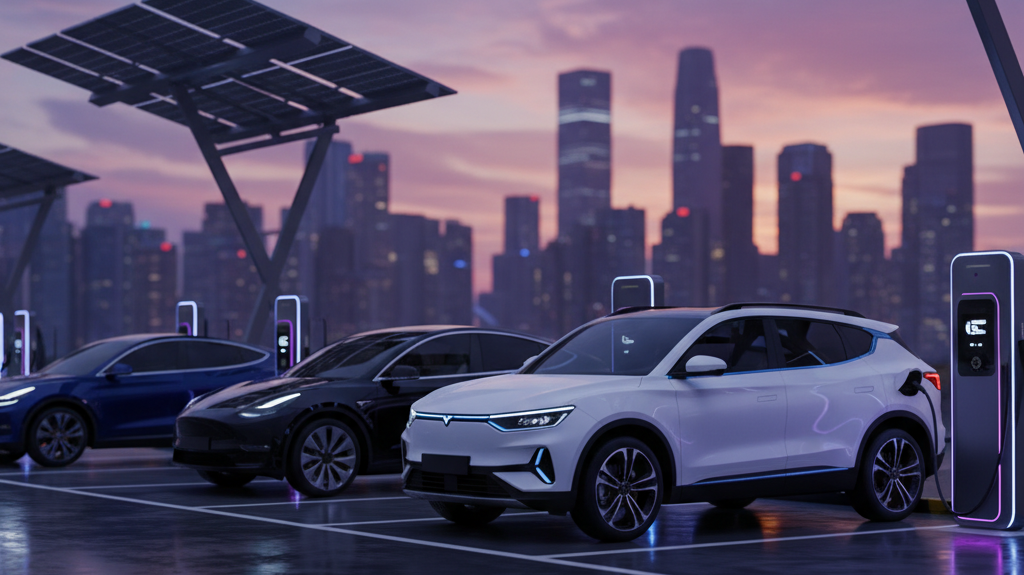 Editorial, photo-realistic HERO for an automotive daily news article titled "KGM Torres EVX Aims to Compete with Model Y – Daily Car News (2025-11-25)