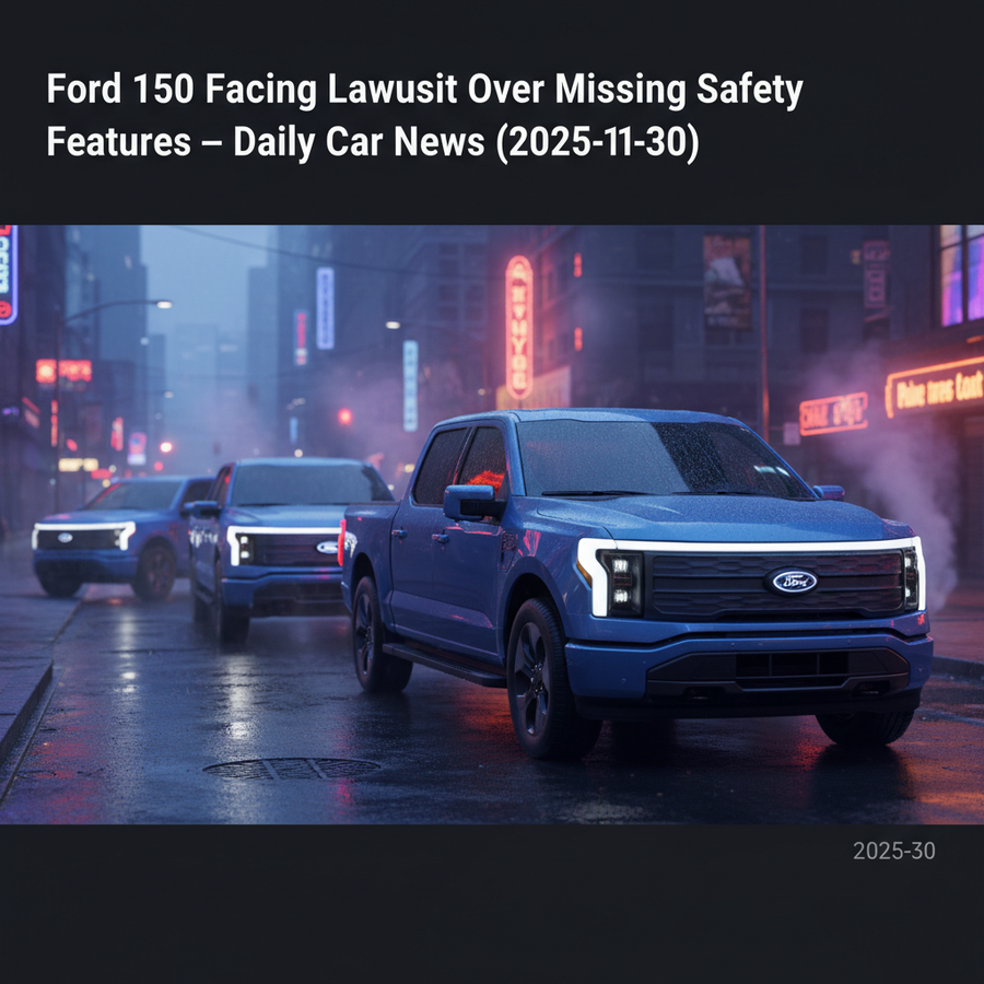 Editorial, photo-realistic HERO for an automotive daily news article titled "Ford F-150 Lightning Facing Lawsuit Over Missing Safety Features – Daily