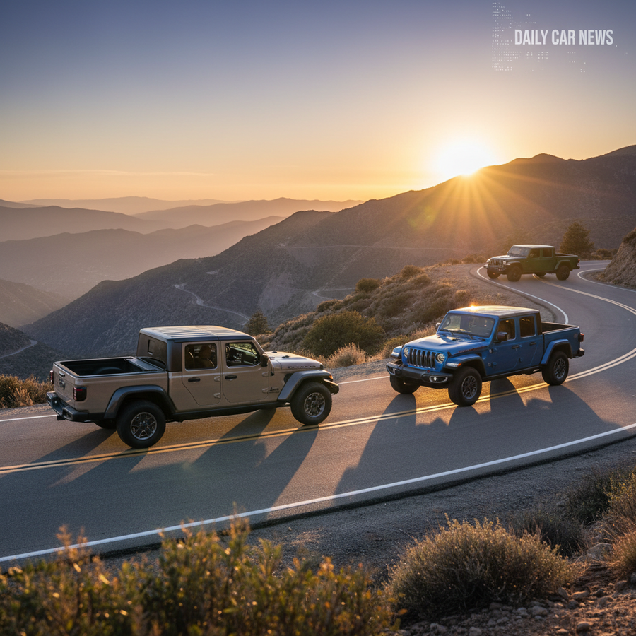 Editorial, photo-realistic HERO for an automotive daily news article titled "Jeep Gladiator Sahara Trim Introduced for Daily Comfort – Daily Car News