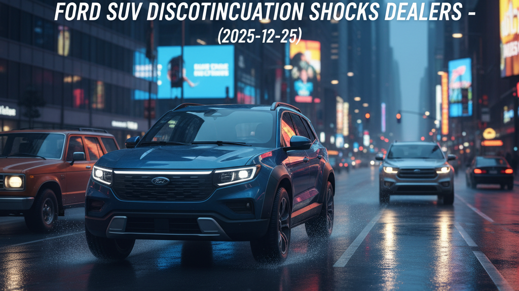 Editorial, photo-realistic HERO for an automotive daily news article titled "Ford SUV Discontinuation Shocks Dealers – Daily Car News (2025-12-25)". D