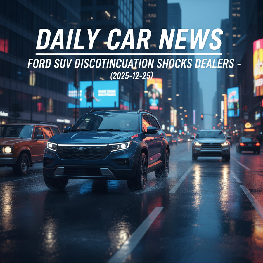 Editorial, photo-realistic HERO for an automotive daily news article titled "Ford SUV Discontinuation Shocks Dealers – Daily Car News (2025-12-25)". D