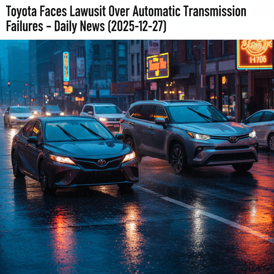 Editorial, photo-realistic HERO for an automotive daily news article titled "Toyota Faces Lawsuit Over Automatic Transmission Failures – Daily Car New