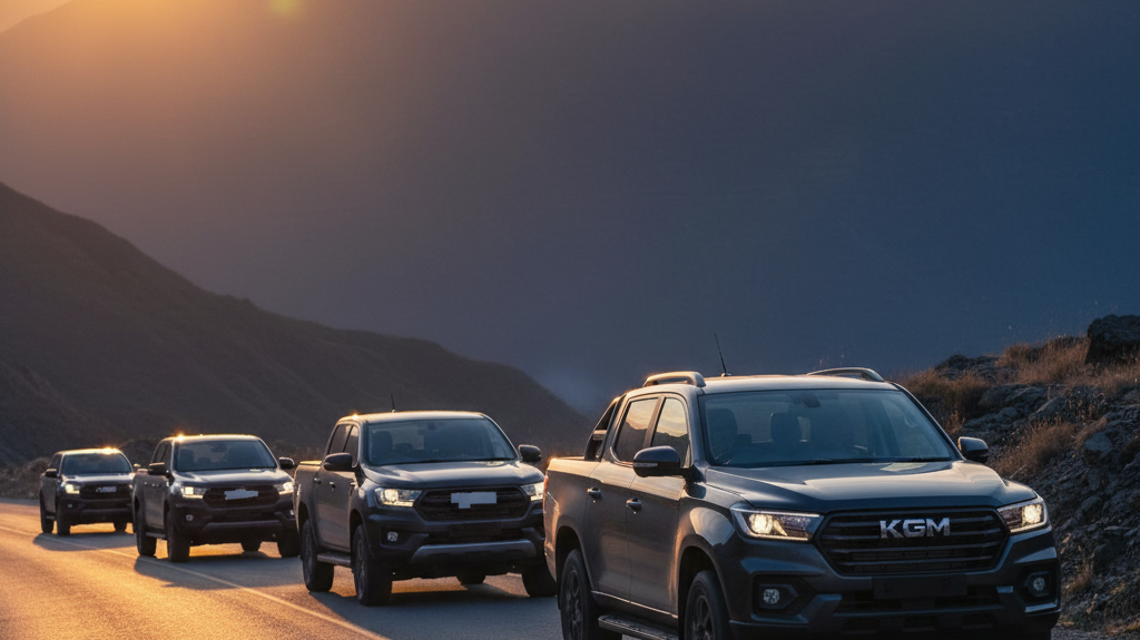 Editorial, photo-realistic HERO for an automotive daily news article titled "KGM Musso Aims to Compete with HiLux and Ranger – Daily Car News (2025-12