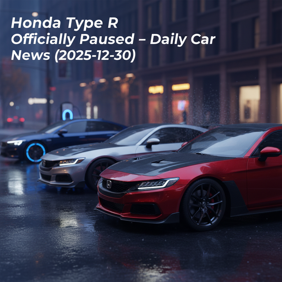 Editorial, photo-realistic HERO for an automotive daily news article titled "Honda Prelude Type R Officially Paused – Daily Car News (2025-12-30)". De