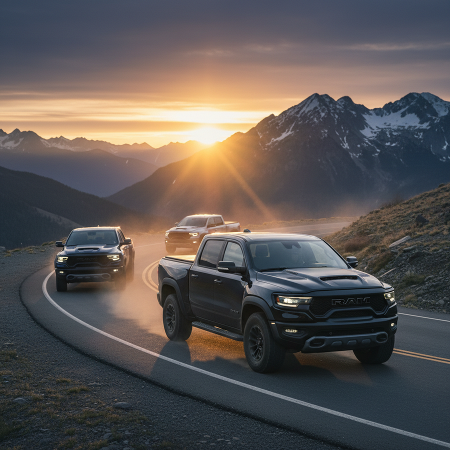 Editorial, photo-realistic HERO for an automotive daily news article titled "Ram 1500 TRX Supercharged V8 Roars Back Into Action – Daily Car News (202