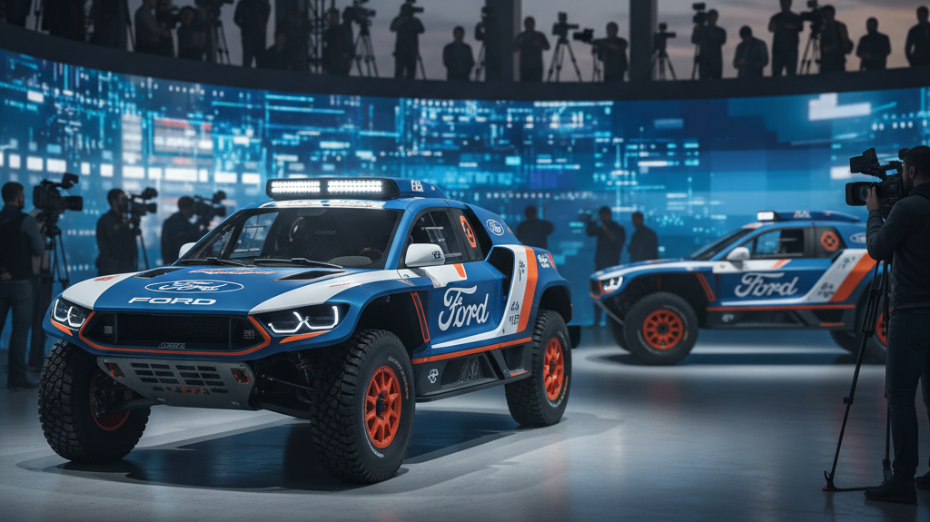 Editorial, photo-realistic HERO for an automotive daily news article titled "Ford Dakar T1+ Rally Challenger Unveiled – Daily Car News (2026-01-03)".