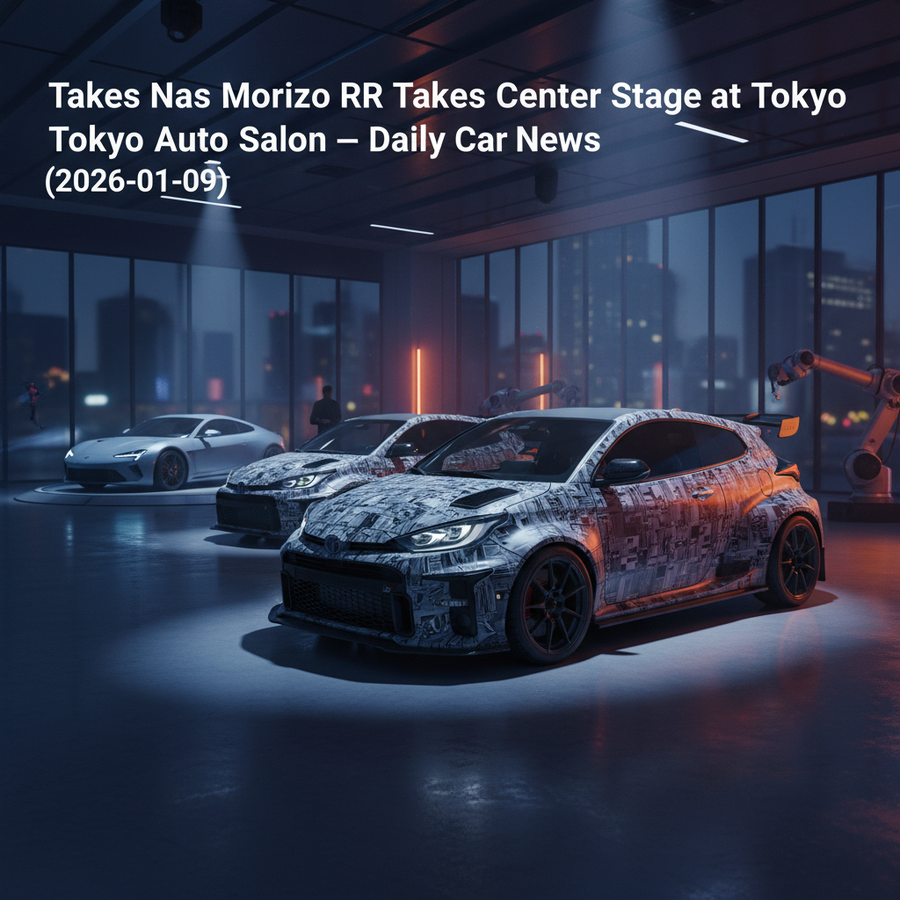 Editorial, photo-realistic HERO for an automotive daily news article titled "Toyota GR Yaris Morizo RR Takes Center Stage at Tokyo Auto Salon – Daily