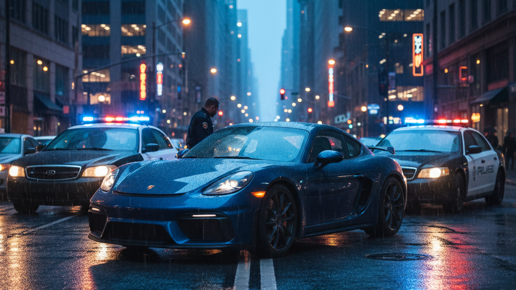 Editorial, photo-realistic HERO for an automotive daily news article titled "Porsche 718 Cayman GT4 Driver Impounded for Speeding – Daily Car News (20
