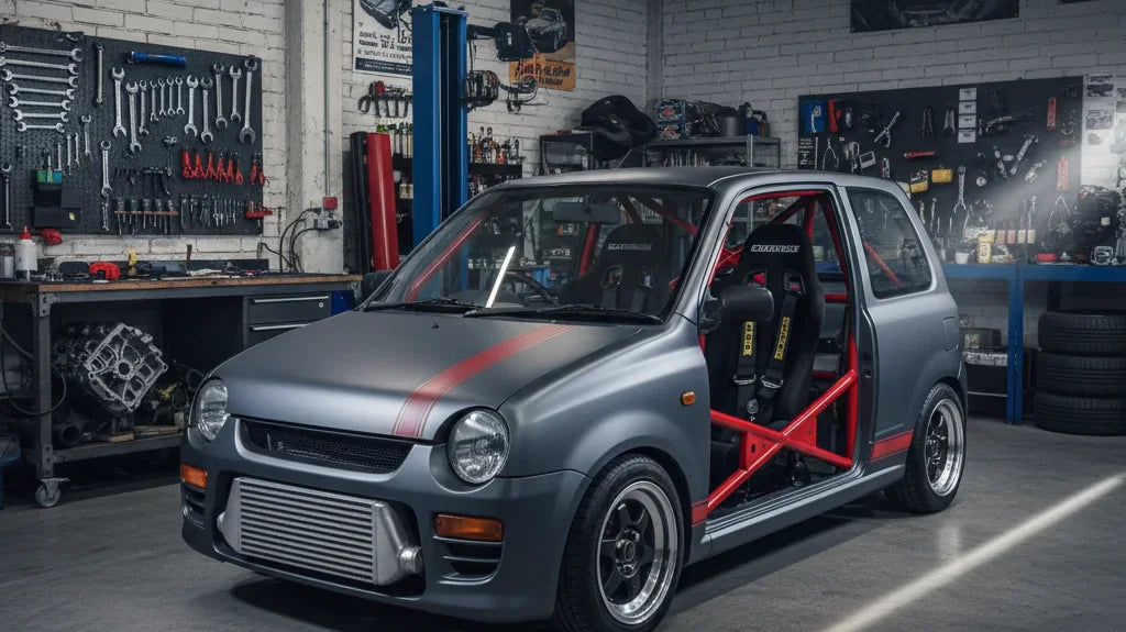 Editorial automotive photography: Daihatsu Mira as the hero subject. Context: Daihatsu's new sleeper Kei car with a roll cage, ready for sale.. Settin