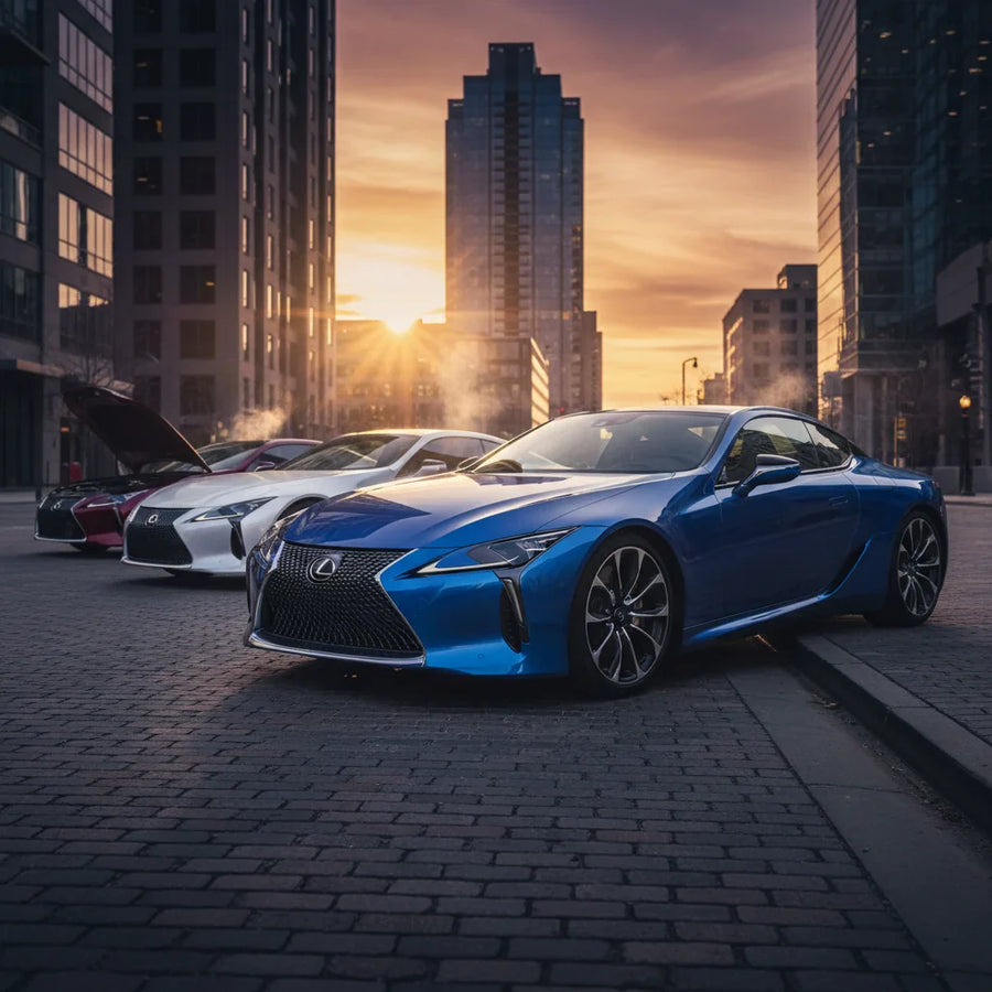 Editorial photo-realistic HERO image for automotive news (2026-02-03). Feature Lexus vehicles specifically LC. Scene: A sleek Lexus LC parked in an ur