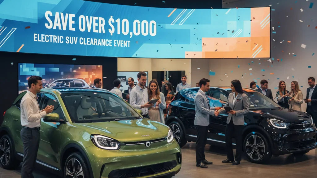 Editorial photo-realistic HERO image for automotive news (2026-02-05). Feature Smart vehicles specifically Smart Electric SUV. Scene: A vibrant dealer