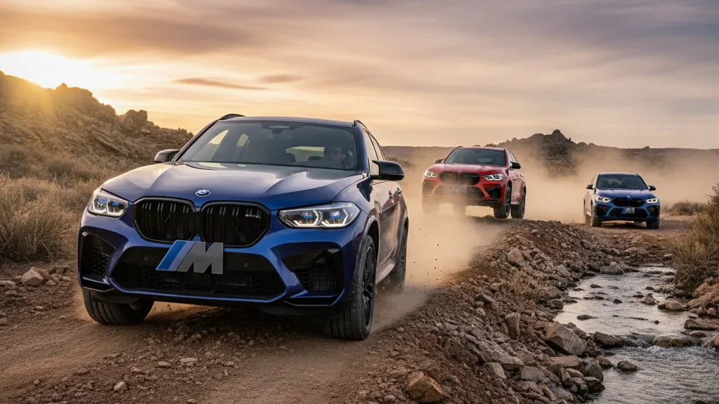 Editorial photo-realistic HERO image for automotive news (2026-02-18). Feature BMW vehicles specifically BMW M. Scene: A rugged terrain where a BMW M
