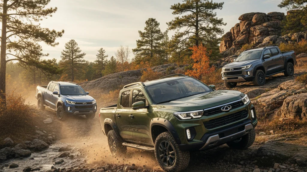 Editorial photo-realistic HERO image for automotive news (2026-02-24). Feature Chery vehicles specifically PHEV ute. Scene: A rugged Chery PHEV ute tr