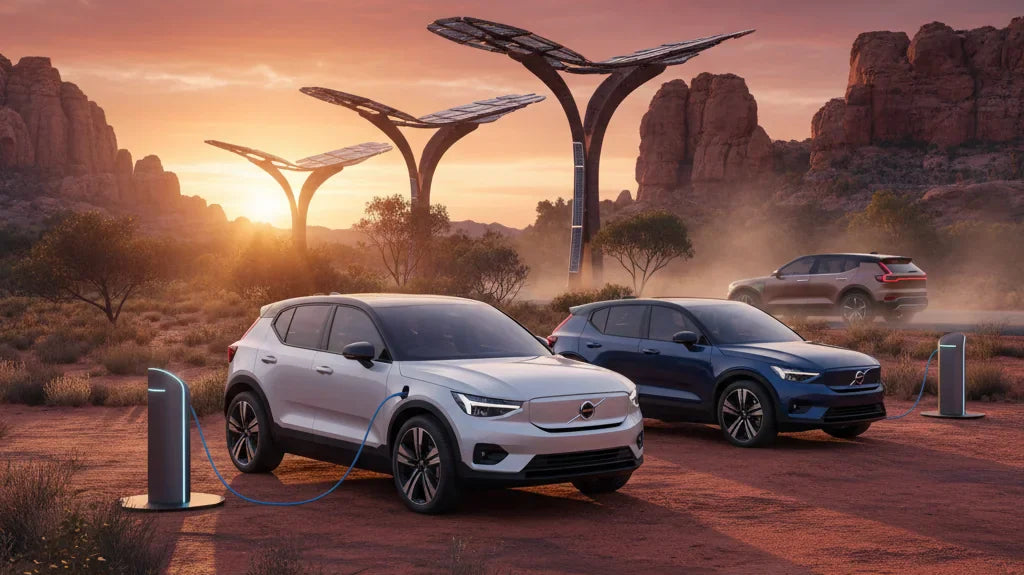 Editorial photo-realistic HERO image for automotive news (2026-02-26). Feature Volvo vehicles specifically EX30. Scene: The new Volvo EX30 parked in a