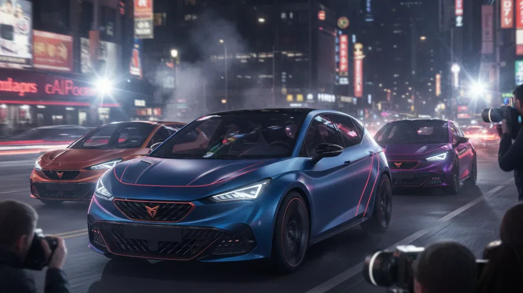 Editorial photo-realistic HERO image for automotive news (2026-02-27). Feature Cupra vehicles specifically Raval EV. Scene: A dynamic urban setting sh