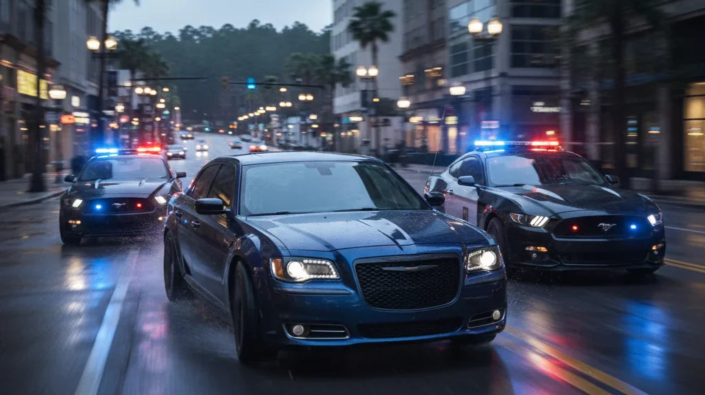 Editorial photo-realistic HERO image for automotive news (2026-03-01). Feature Chrysler and Ford vehicles specifically Chrysler 300, Ford Mustang. Sce