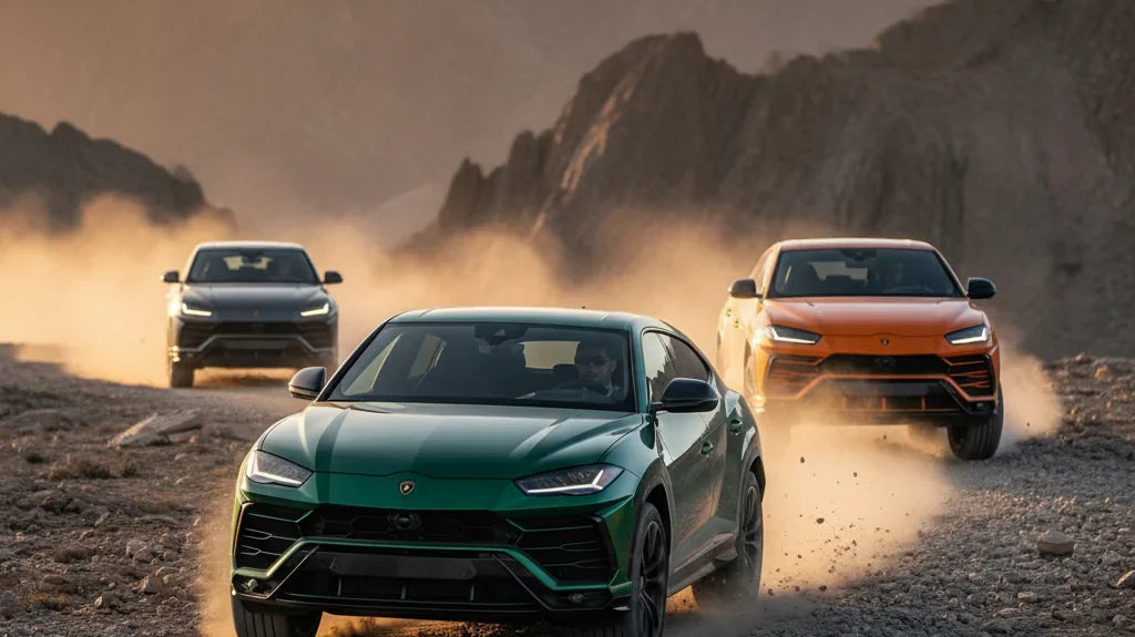 Editorial photo-realistic HERO image for automotive news (2026-03-10). Feature Lamborghini vehicles specifically Lamborghini Urus. Scene: A rugged mou