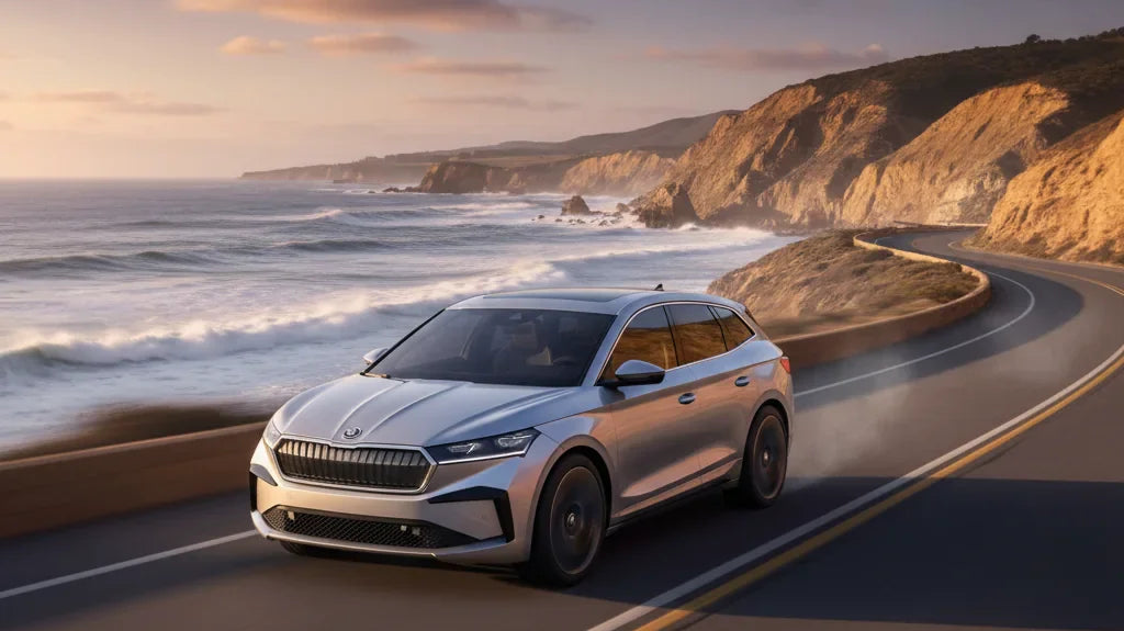 Editorial automotive photography: Skoda Elroq 60 Select as the hero subject. Context: A review showcasing the performance and design of the 2026 Skoda