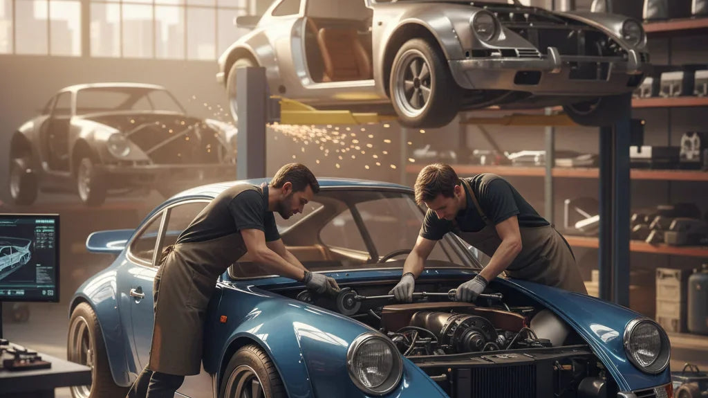 Editorial photo-realistic HERO image for automotive news (2026-03-28). Feature Singer vehicles specifically specific model names not mentioned. Scene: