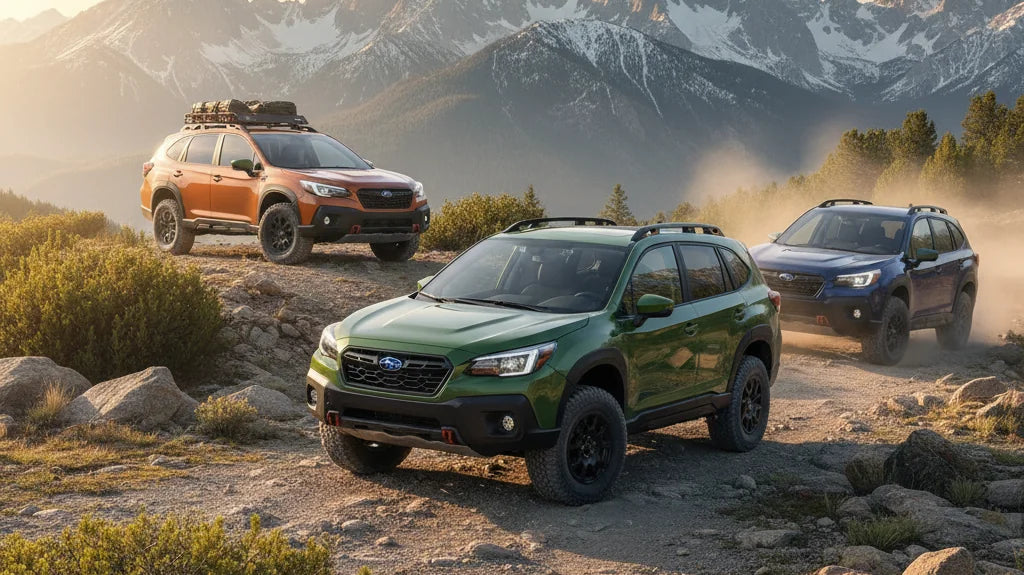 Editorial photo-realistic HERO image for automotive news (2026-04-10). Feature Subaru vehicles specifically 2026 Subaru Trailseeker. Scene: The 2026 S