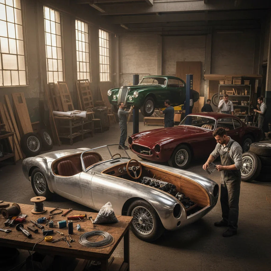 Editorial photo-realistic HERO image for automotive news (2026-04-12). Feature Kit Car Brand vehicles specifically Grandmaster Kit Car. Scene: A vinta