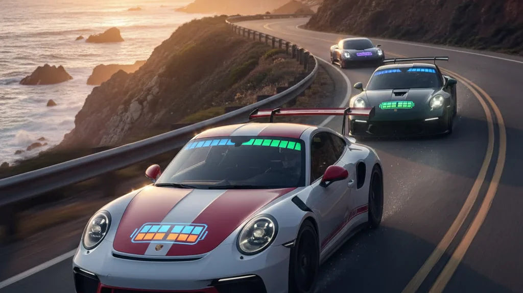 Editorial photo-realistic HERO image for automotive news (2026-04-19). Feature Porsche vehicles specifically specific model names mentioned in the art
