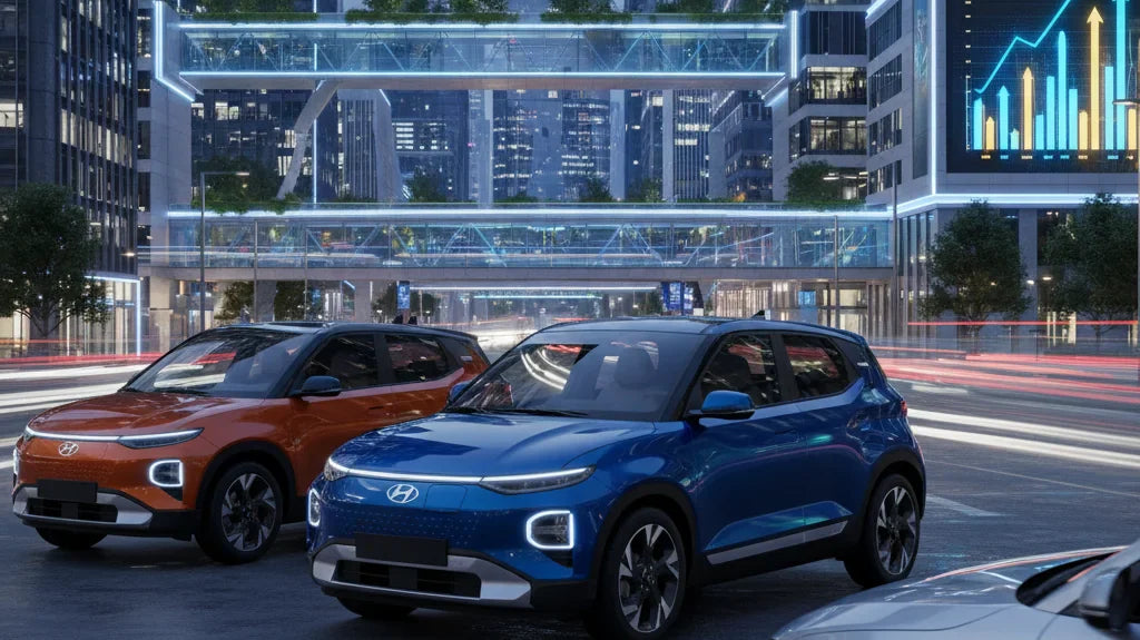 Editorial photo-realistic HERO image for automotive news (2026-04-23). Feature Hyundai vehicles specifically 2026 Hyundai Inster. Scene: A bustling ci