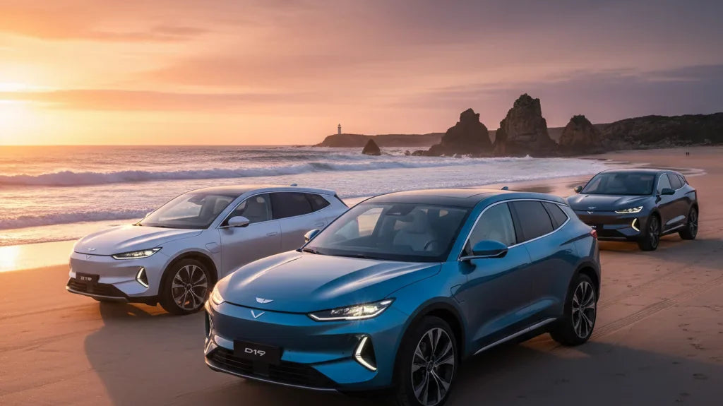 Editorial photo-realistic HERO image for automotive news (2026-04-30). Feature Leapmotor vehicles specifically D19 flagship SUV. Scene: A sleek Leapmo