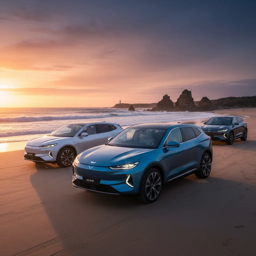 Editorial photo-realistic HERO image for automotive news (2026-04-30). Feature Leapmotor vehicles specifically D19 flagship SUV. Scene: A sleek Leapmo
