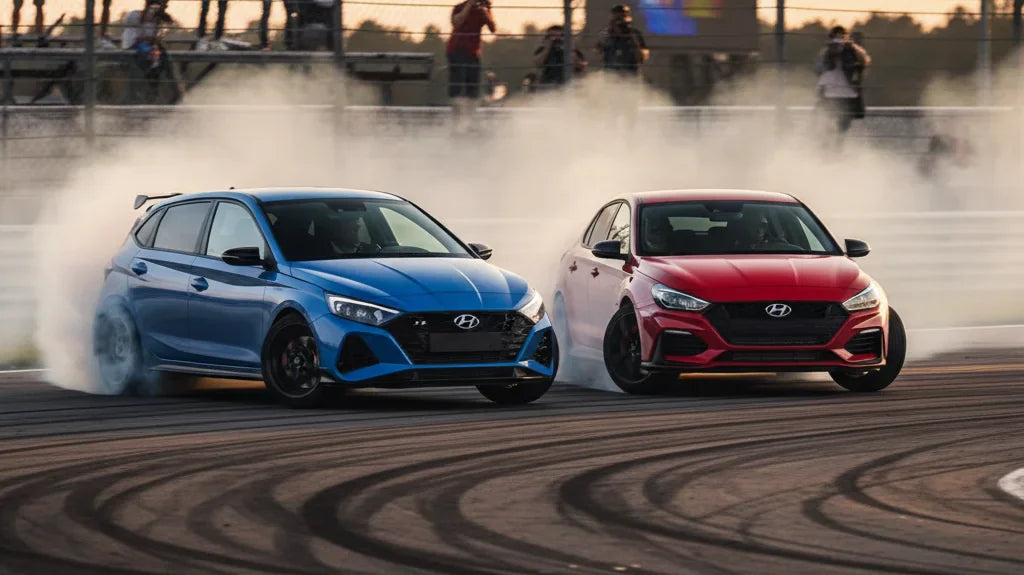 Editorial photo-realistic HERO image for automotive news (2026-05-04). Feature Hyundai vehicles specifically i20 N, i30 N. Scene: A thrilling farewell
