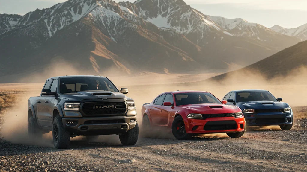 Editorial photo-realistic HERO image for automotive news (2026-05-22). Feature Ram and Dodge vehicles specifically Ram 1500, Dodge Charger. Scene: A r