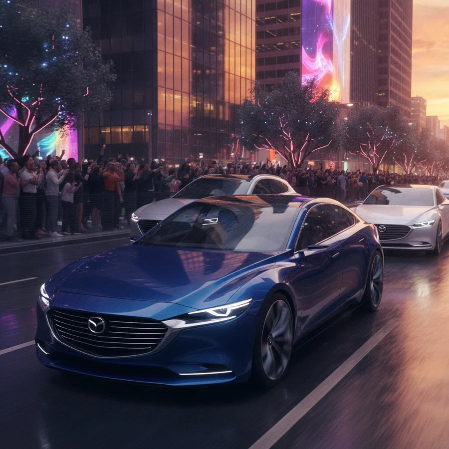 Editorial photo-realistic HERO image for automotive news (2026-06-24). Feature Mazda vehicles specifically Mazda 6. Scene: A sleek, modern electric Ma