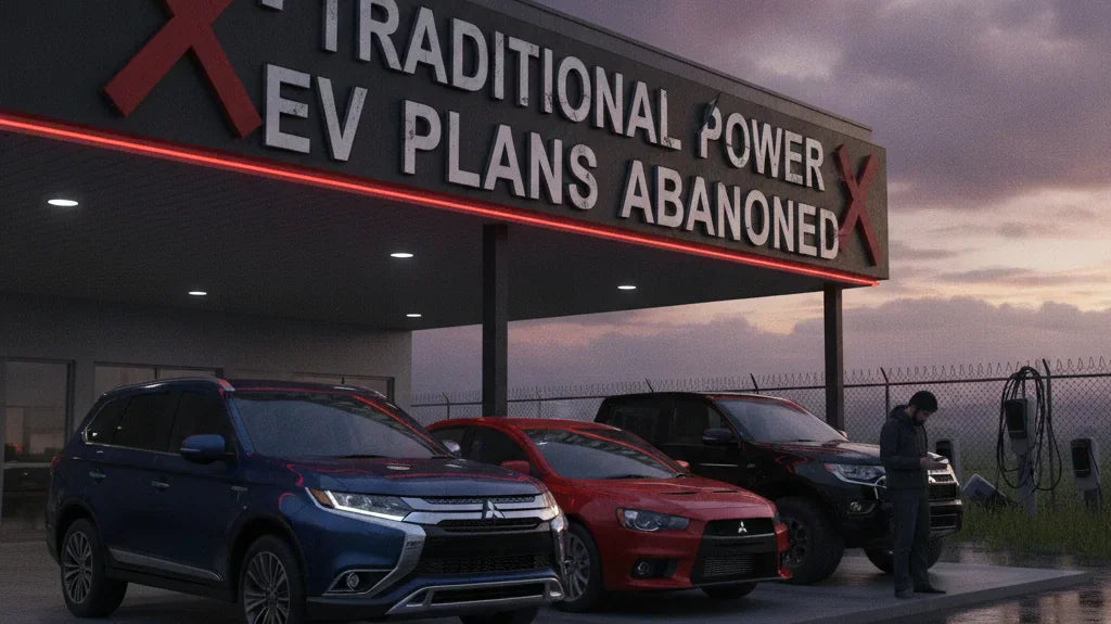 Editorial photo-realistic HERO image for automotive news (2026-06-25). Feature Mitsubishi vehicles. Scene: A Mitsubishi dealership with a sign indicat