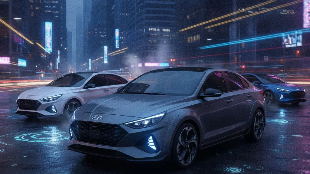 Editorial photo-realistic HERO image for automotive news (2026-06-26). Feature Hyundai vehicles specifically 2027 Hyundai i30 Sedan. Scene: The new Hy