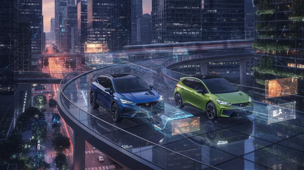 Editorial photo-realistic HERO image for automotive news (2026-07-27). Feature Cupra vehicles specifically specific model names mentioned in the artic