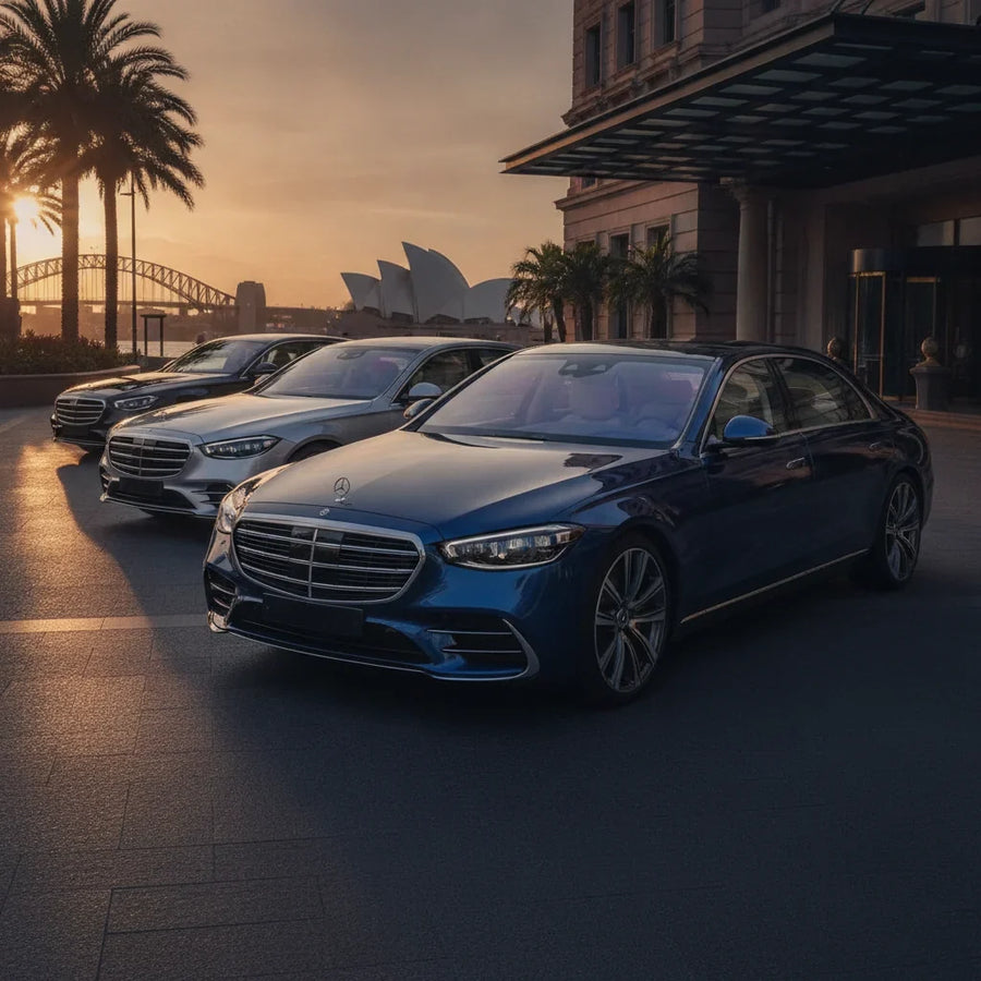 Editorial photo-realistic HERO image for automotive news (2026-08-06). Feature Mercedes-Benz vehicles specifically 2027 S-Class. Scene: A sleek 2027 M