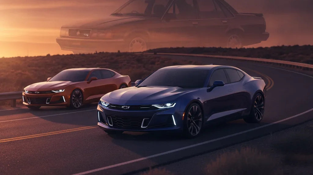 Editorial photo-realistic HERO image for automotive news (2026-08-10). Feature Chevrolet and Holden vehicles specifically Chevrolet Camaro, Holden Com