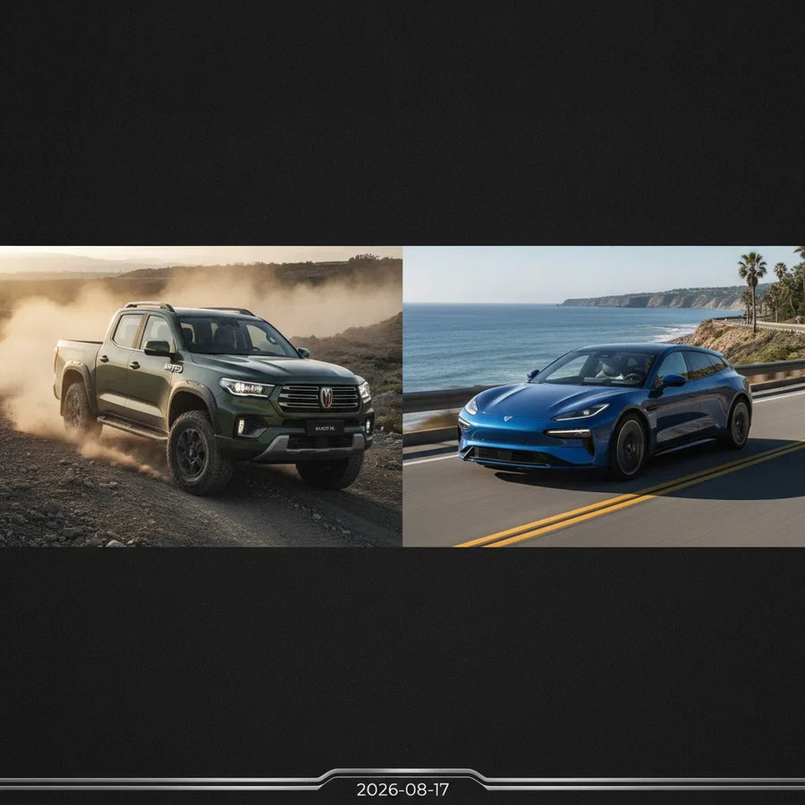 Editorial photo-realistic HERO image for automotive news (2026-08-17). Feature GWM and Zeekr vehicles specifically Cannon Alpha, 7GT. Scene: The GWM C