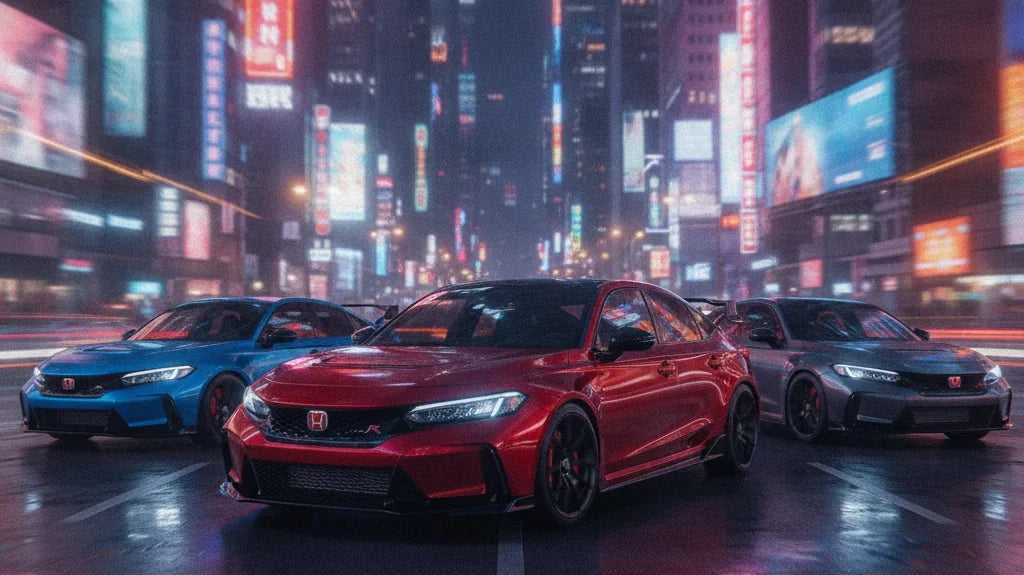 Editorial photo-realistic HERO image for automotive news (2026-08-23). Feature Honda vehicles specifically Civic Type R. Scene: A sleek Honda Civic Ty