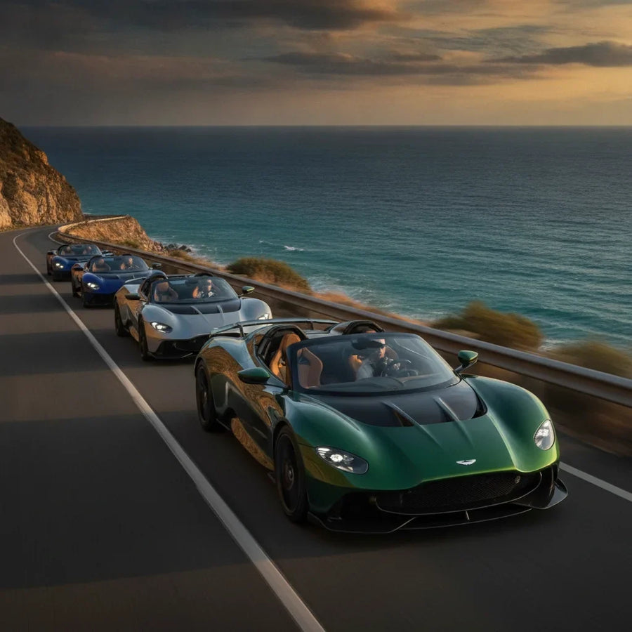 Editorial photo-realistic HERO image for automotive news (2026-10-28). Feature Aston Martin vehicles specifically Valhalla, Valhalla Spider. Scene: Th