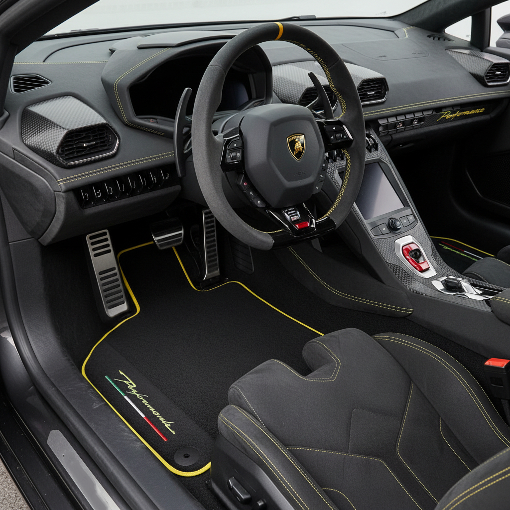 Svart teppemat for Lamborghini Huracan STO | Hvit kant - AutoWin.EU