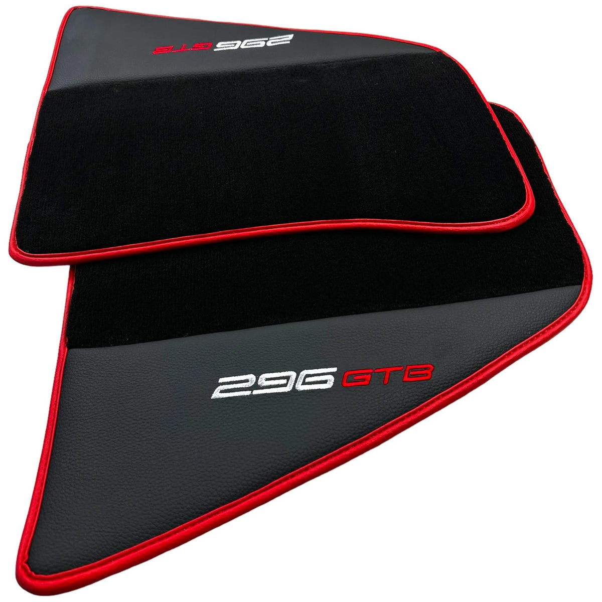 Black Floor Mats for Ferrari 296 GTB (2022-2027) with Leather and Red Trim - AutoWin