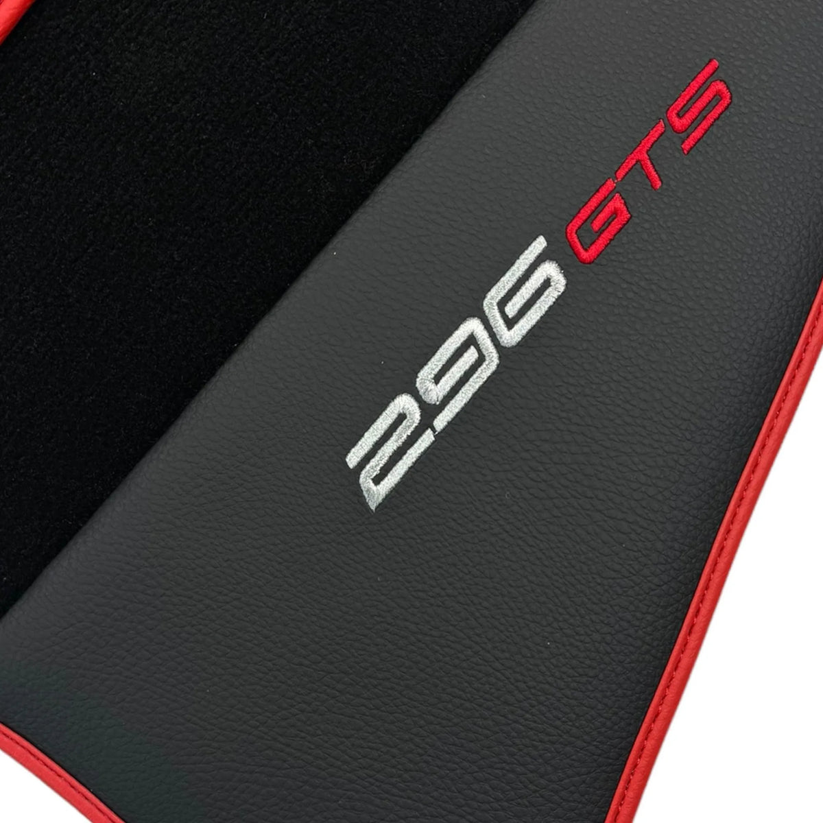 Black Floor Mats for Ferrari 296 GTS (2022-2027) with Leather and Red Trim - AutoWin