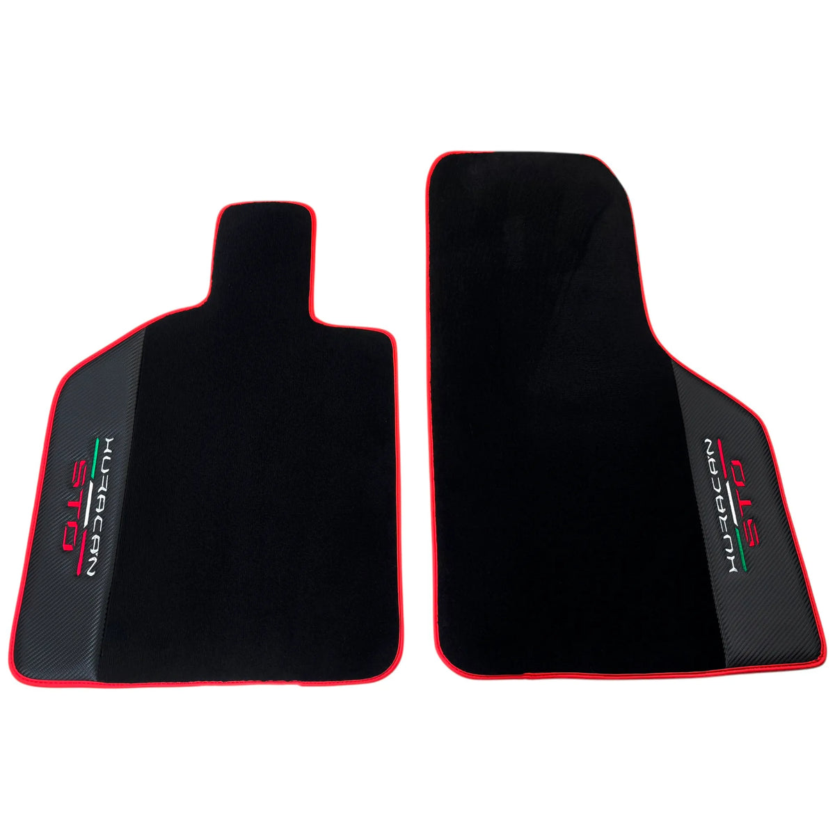 Black Floor Mats for Lamborghini Huracan STO with Carbon Fiber Leather | Red Trim