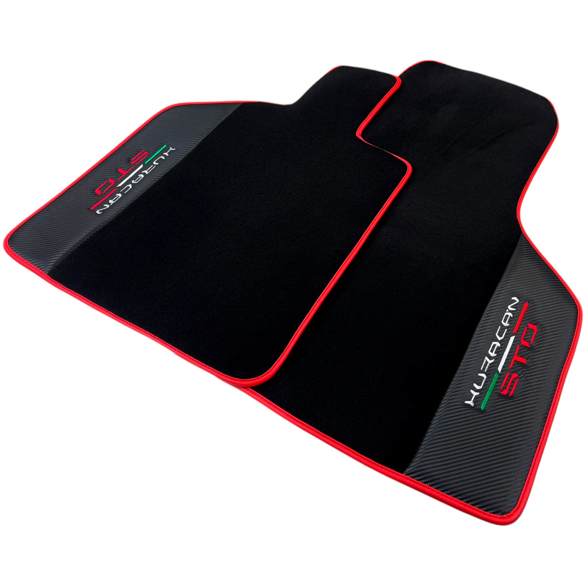 Black Floor Mats for Lamborghini Huracan STO with Carbon Fiber Leather | Red Trim