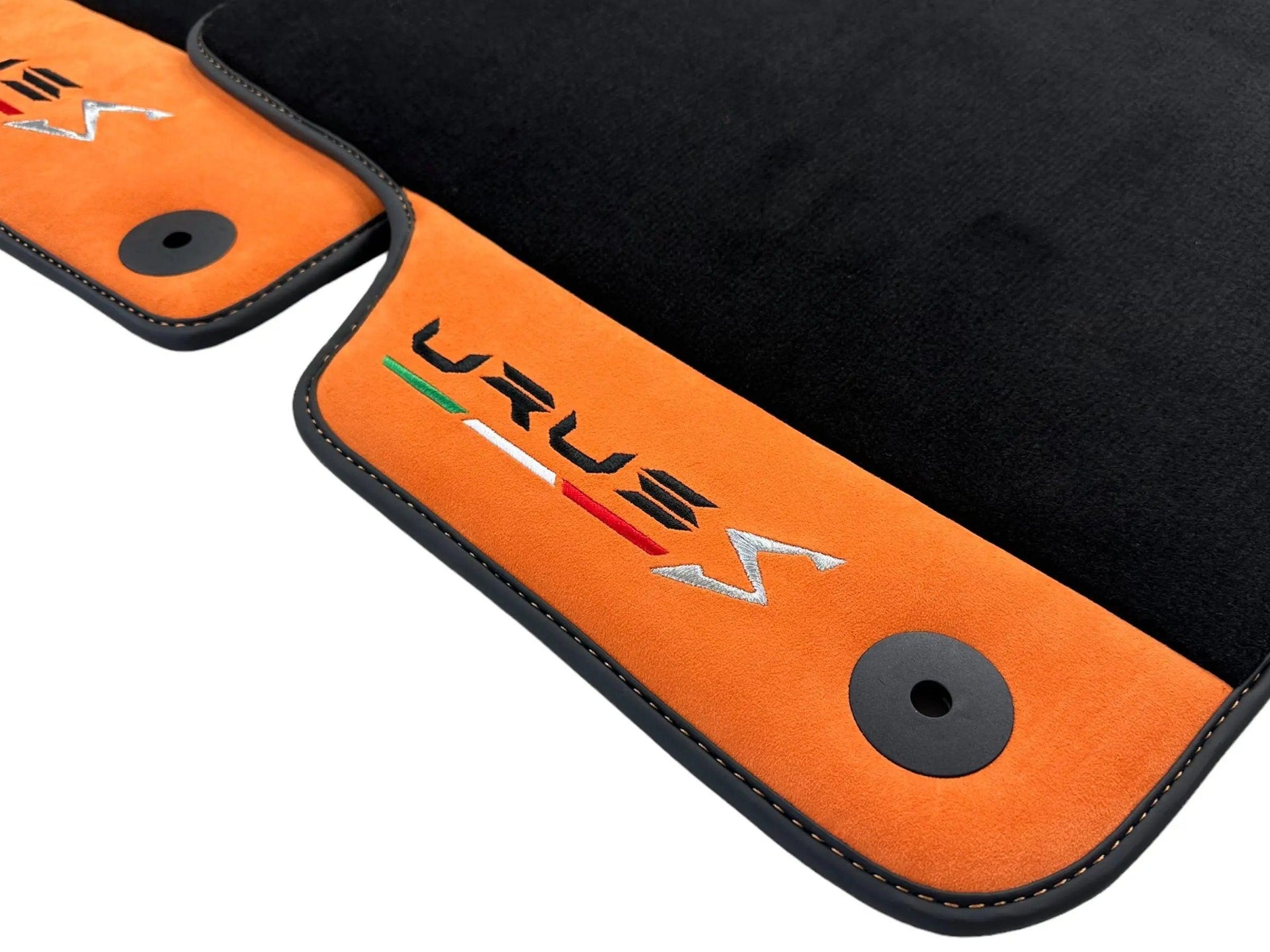 Black Floor Mats For Lamborghini Urus S With Orange Alcantara Leather - AutoWin