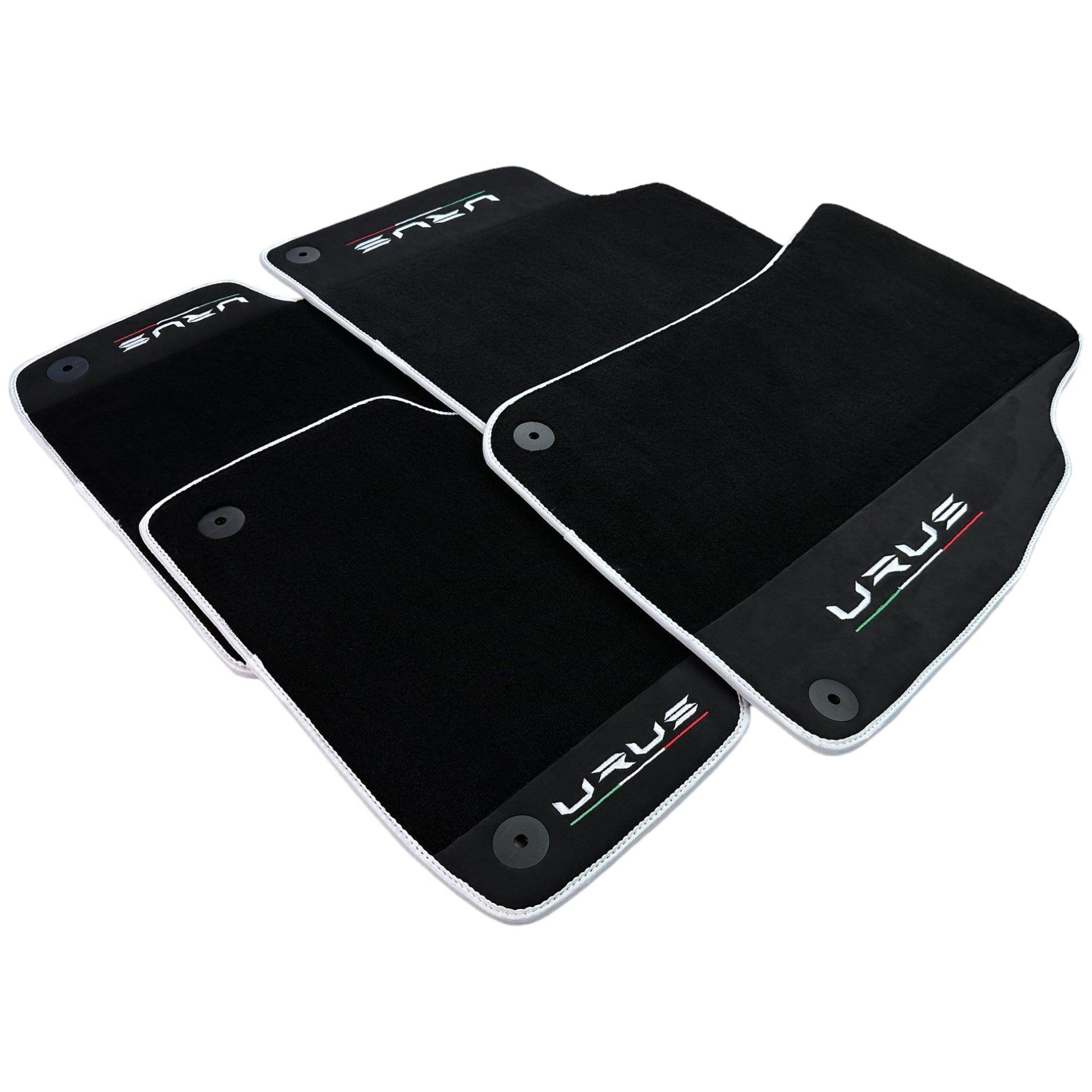 Black Floor Mats For Lamborghini Urus With Alcantara Leather White Trim - AutoWin